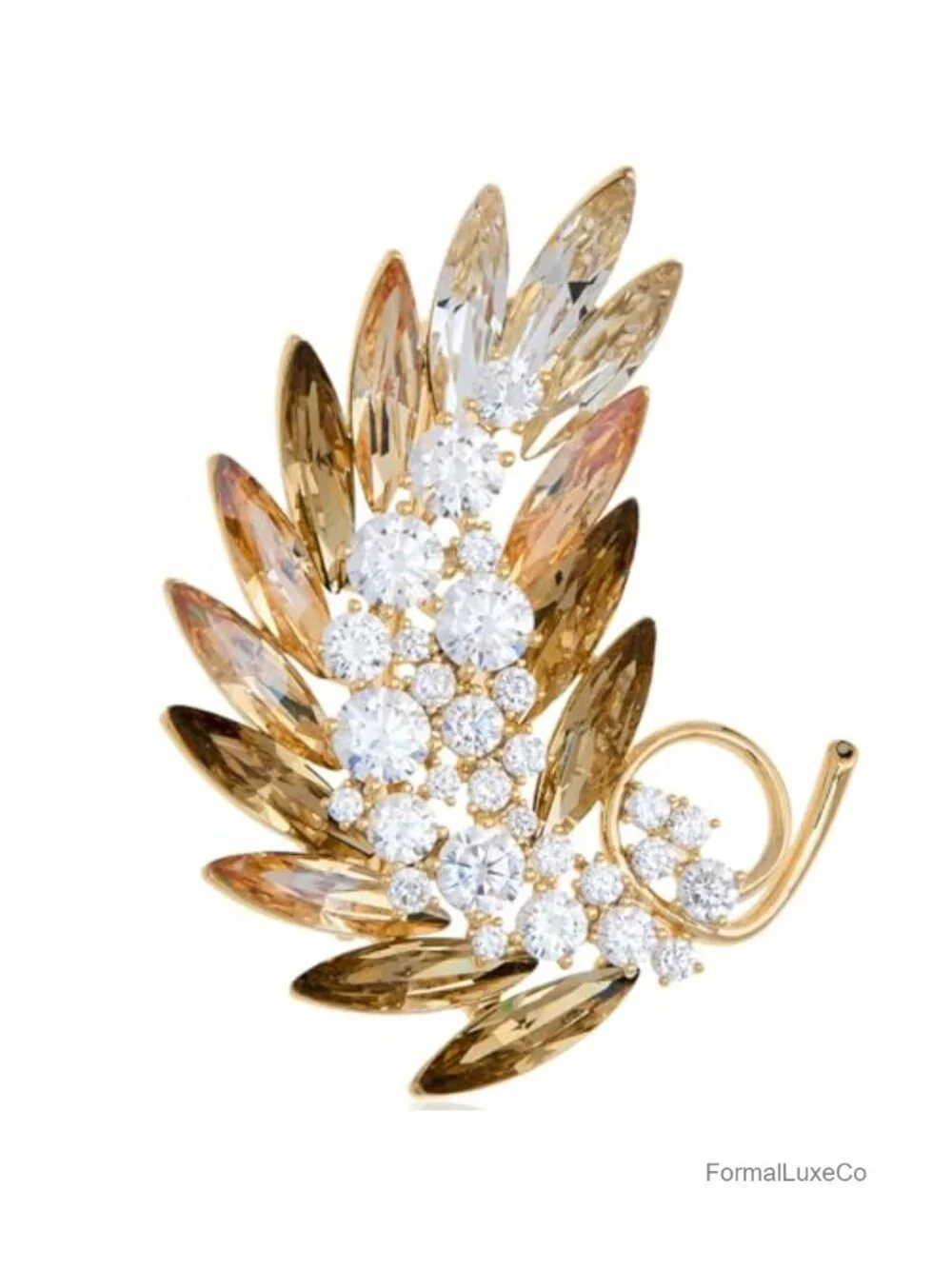 Crystal Feather Brooch Pin K9 Cubic Zirconia Gold Tone Lapel Pin Gift Box Women